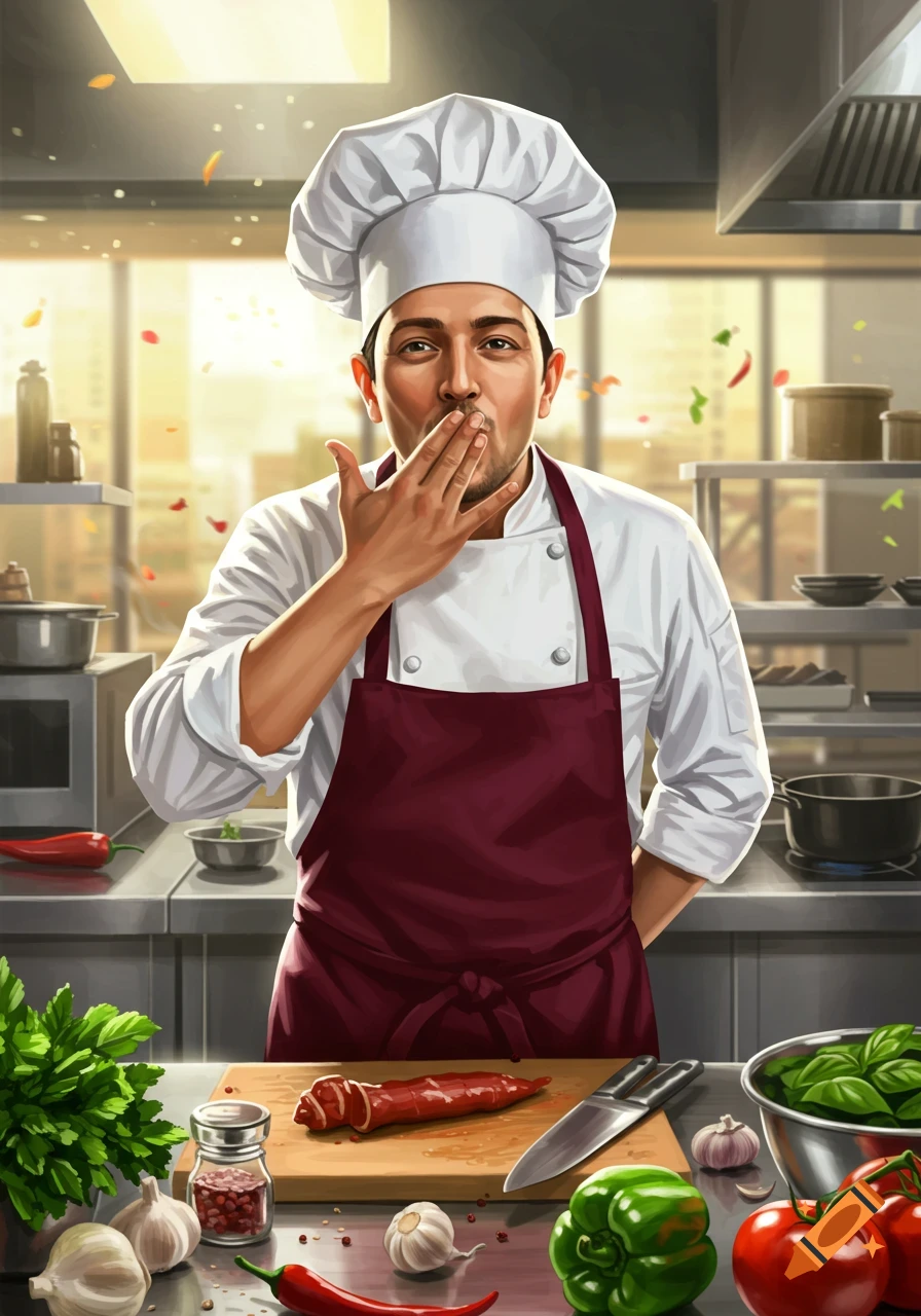 Stylized illustration of a male chef in a kitchen blowing a kiss, surrounded by fresh ingredients.