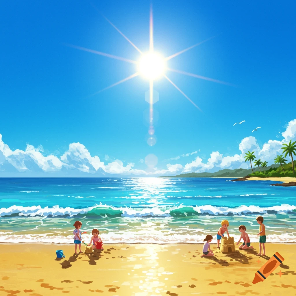 Children play on a sunny beach, building sandcastles by the ocean with palm trees and distant island.