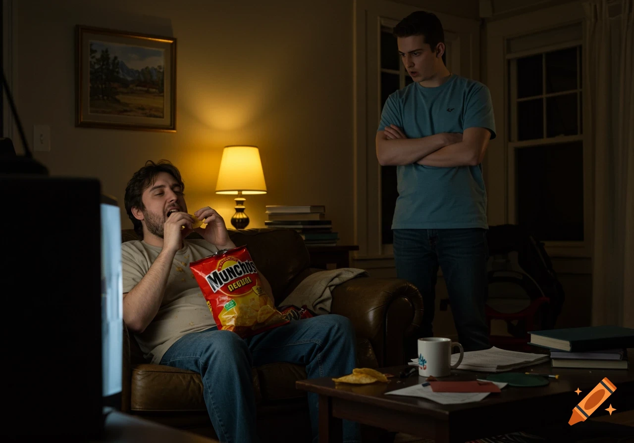 A man sits on a couch eating from a bag of Munchos chips while another man stands over him, looking angry in a dimly lit living room.