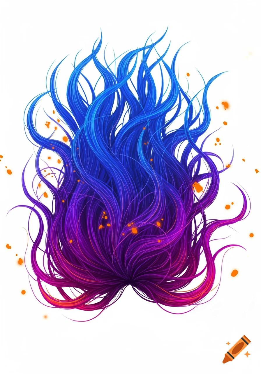 Vibrant abstract illustration of messy hair, transitioning from blue to purple to red with orange speckles.