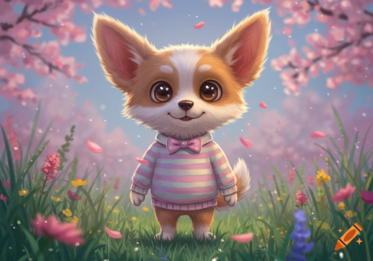 A cute anthropomorphic chihuahua dog wearing a striped sweater and pink bow tie stands in a field of blooming pink flowers and green grass.