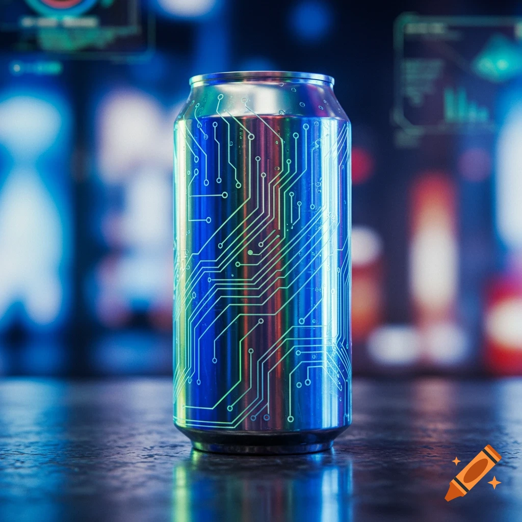 A futuristic metallic can with glowing green and blue circuit board patterns on its surface, set against a blurred background of colorful lights.