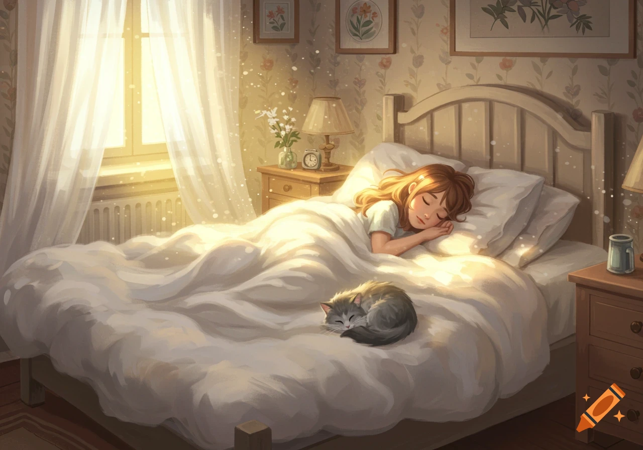 Illustrative depiction of a girl sleeping peacefully in a sunlit bed with a gray cat curled up beside her.