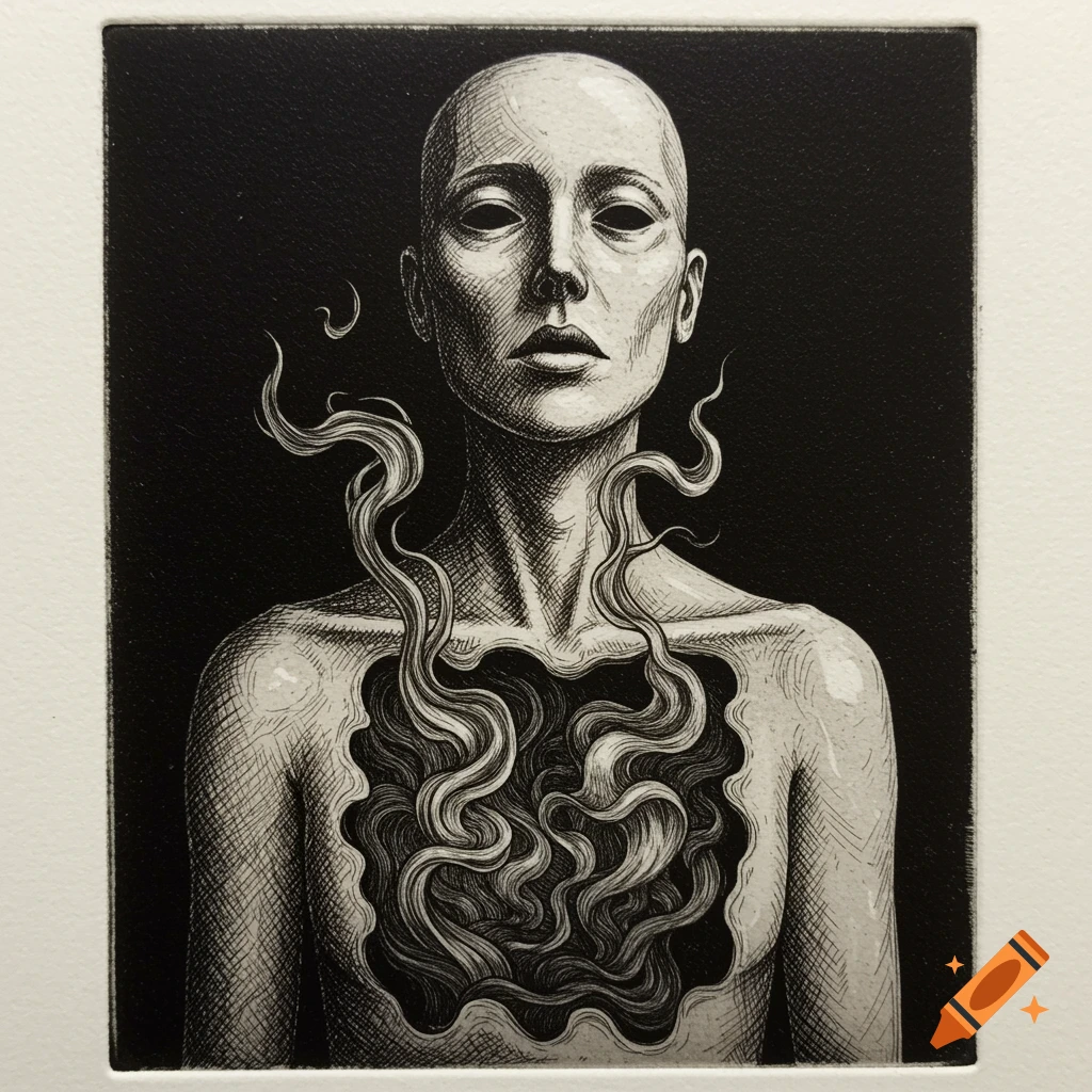 Black and white etching of a bald, androgynous figure with a gaping chest revealing swirling tendrils.