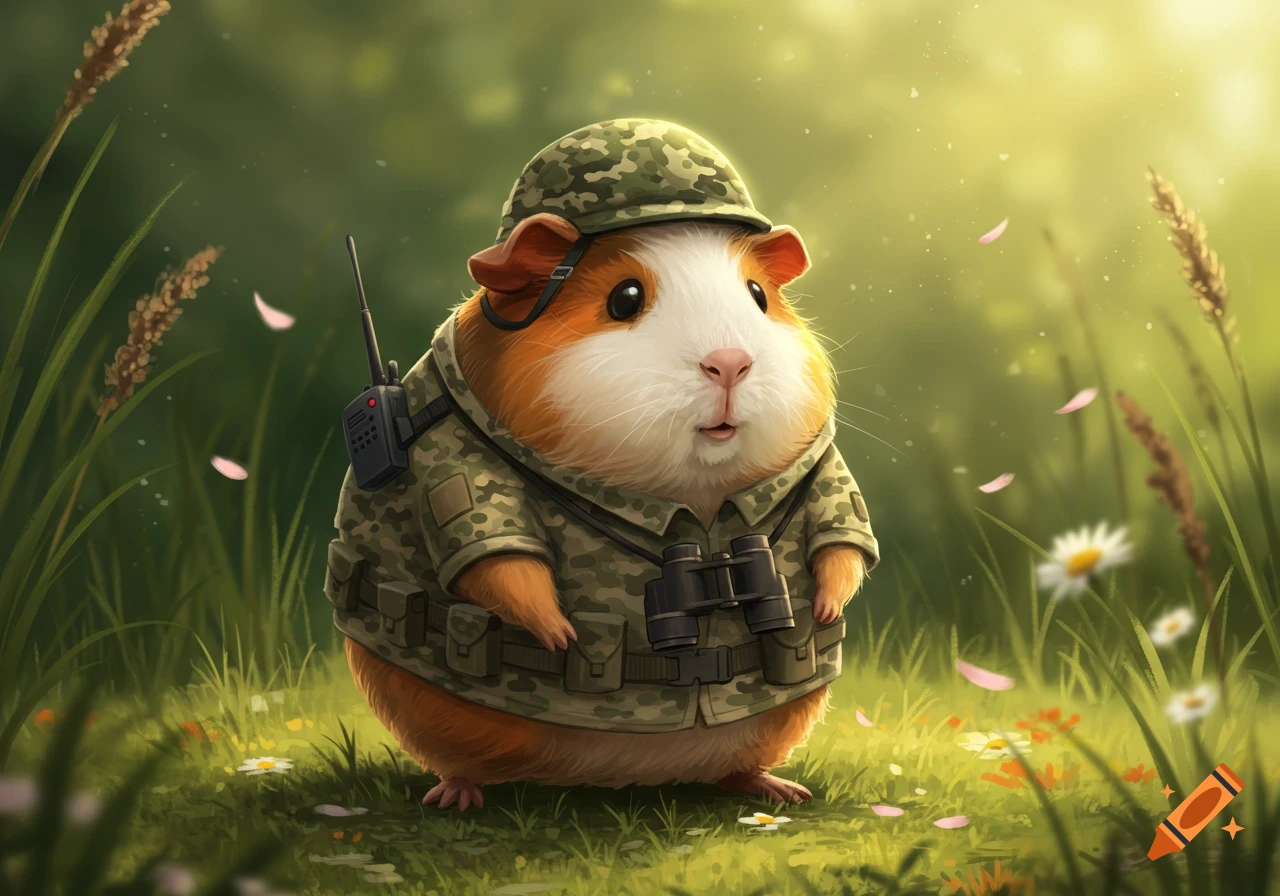 A fluffy guinea pig wearing a camouflage military helmet and combat gear, standing in a sunny grassy field with flowers and tall grass.