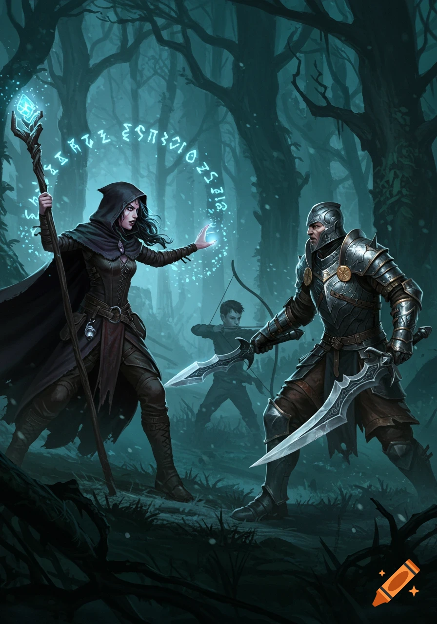 Fantasy illustration of a witch casting a spell, a knight with two swords, and an archer in a dark, mystical forest.