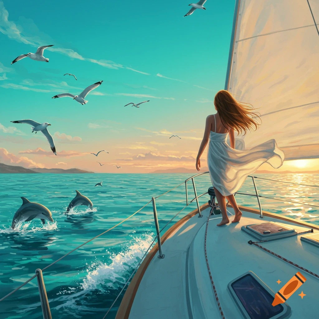 A woman on the bow of a sailboat looking out at dolphins leaping from the ocean with seagulls flying under a sunset sky.