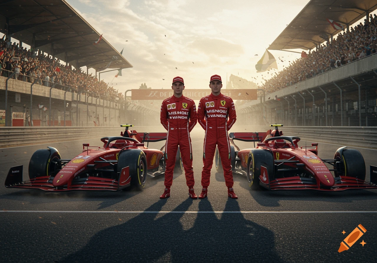 Two Ferrari Formula 1 drivers in red suits stand between their F1 cars on a race track, with a stadium full of spectators in the background. Photorealistic style.