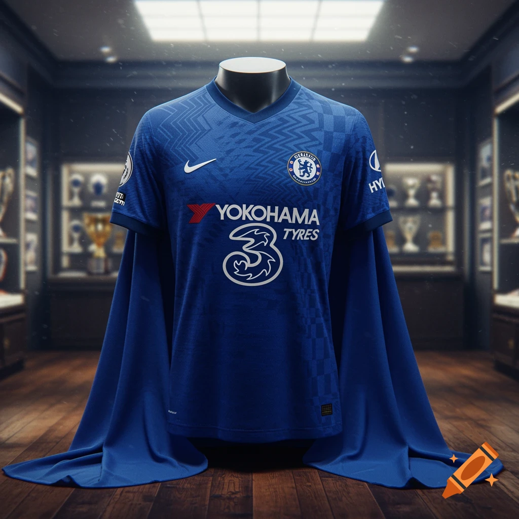 A blue Chelsea football jersey on a mannequin in a room with trophy display cases.