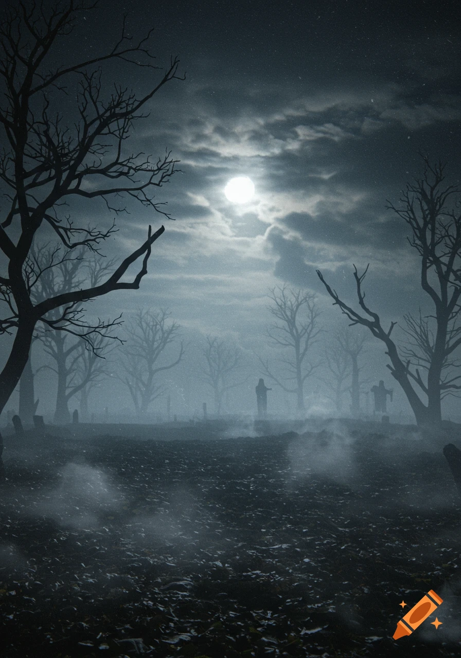 A full moon illuminates a misty, eerie graveyard filled with silhouetted bare trees and shadowy figures.