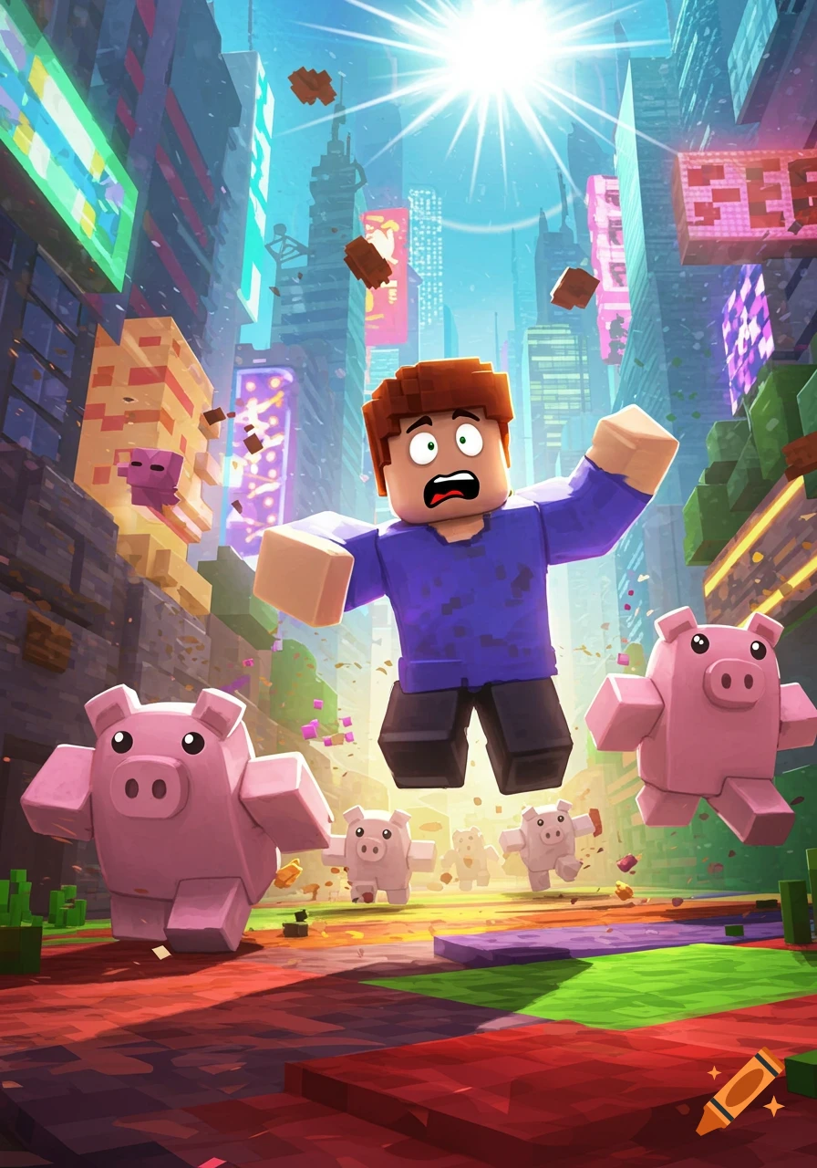 A scared blocky character floats in a pixelated city as blocky pink pigs run toward him, in a style similar to Roblox or Minecraft.