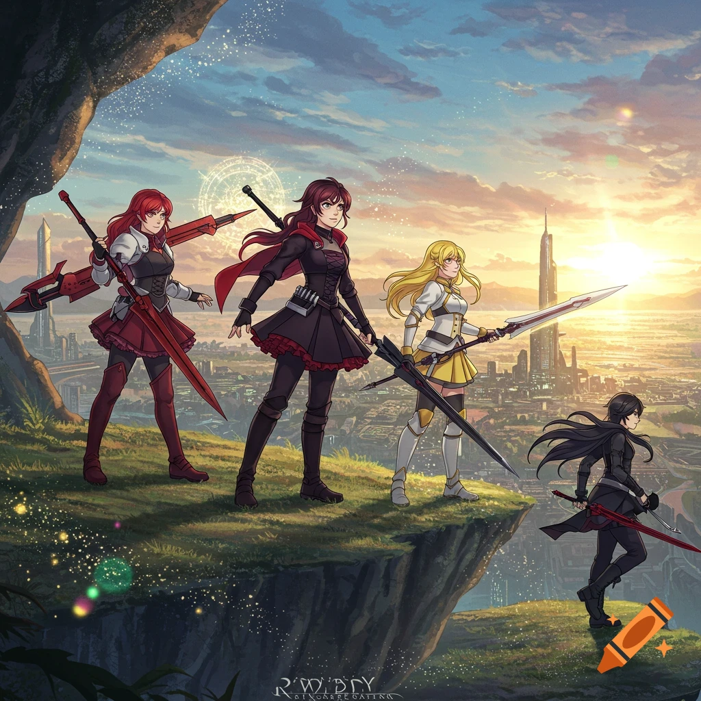 Four anime-style female warriors with weapons stand on a cliff overlooking a futuristic city at sunset, with a circular magical glow in the sky.