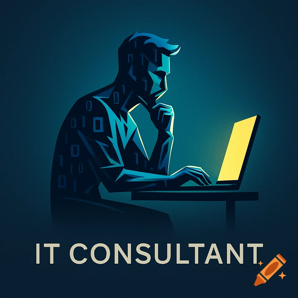 Stylized silhouette of a man with binary code patterns, looking at a glowing laptop, with 'IT CONSULTANT' text below, in a dark teal and yellow palette.
