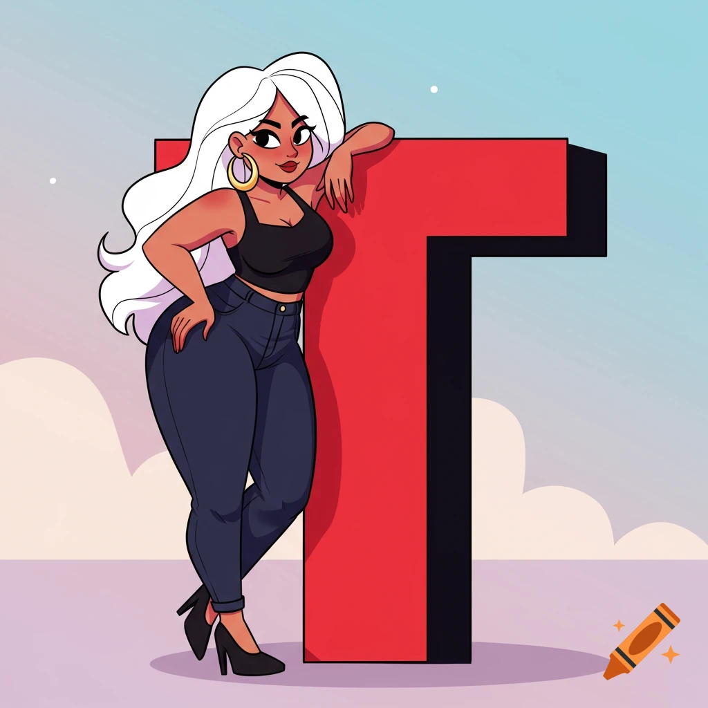 A cartoon woman with white hair and dark skin leans against a large red letter T.