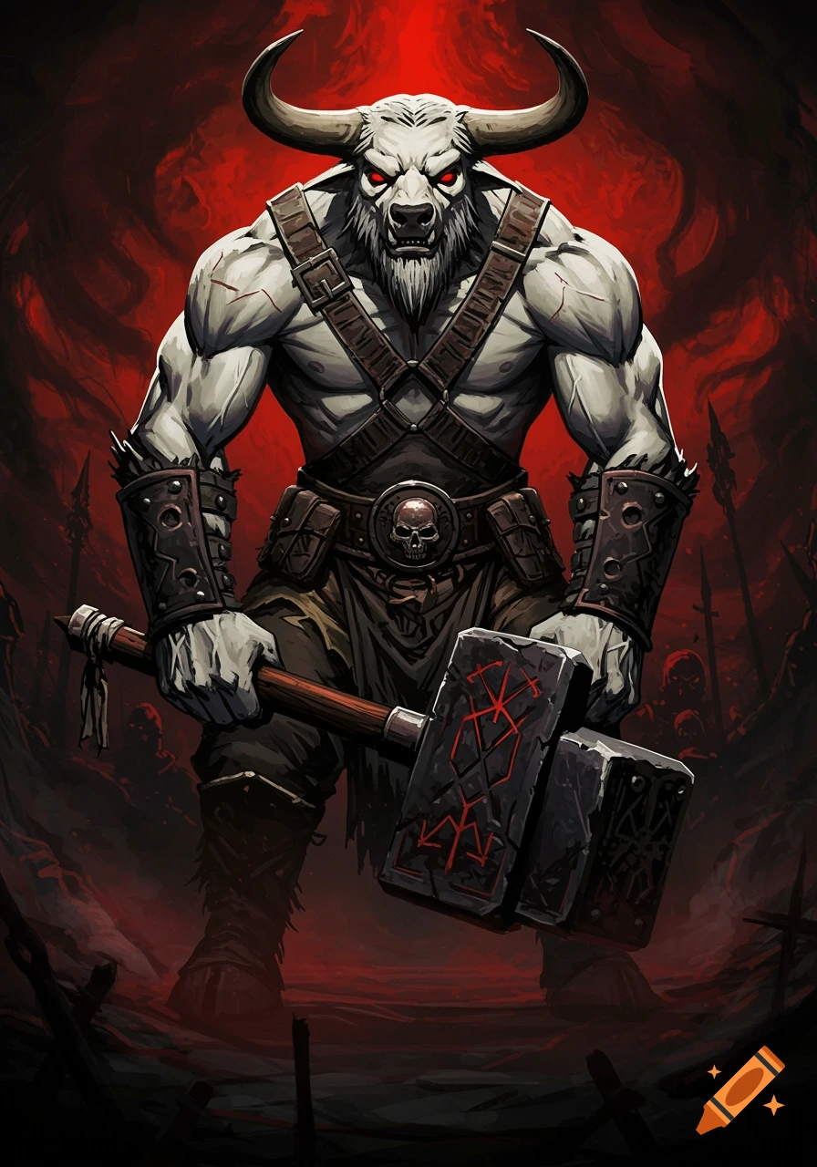A powerful white minotaur with glowing red eyes holds a large runic greathammer in a dark, stylized fantasy setting.