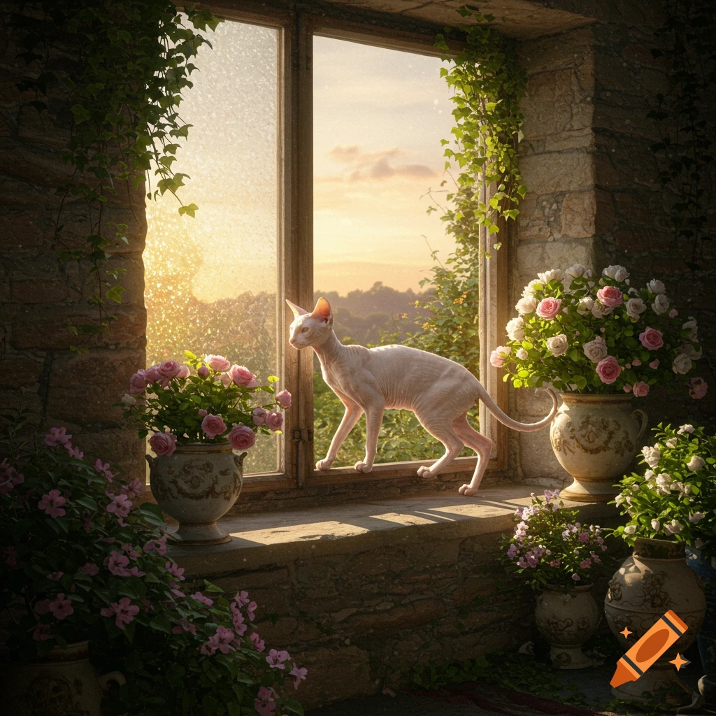 A Sphynx cat stands gracefully on a stone windowsill, surrounded by blooming pink and white roses, bathed in the golden light of a sunset peeking through the window, with lush green ivy framing the old stone walls.