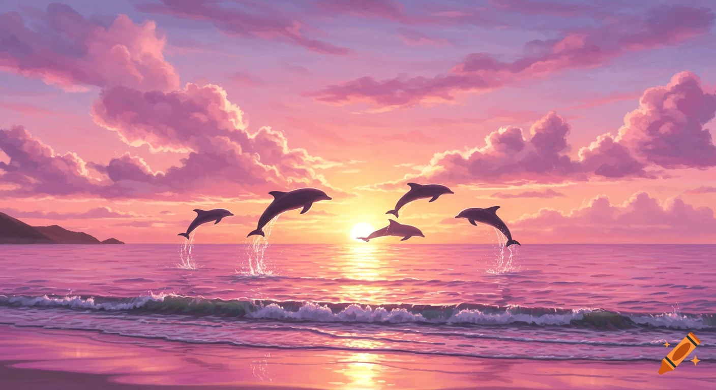 Five dolphins jump out of the water at a vibrant pink and purple sunset beach with rolling waves and a clear horizon.