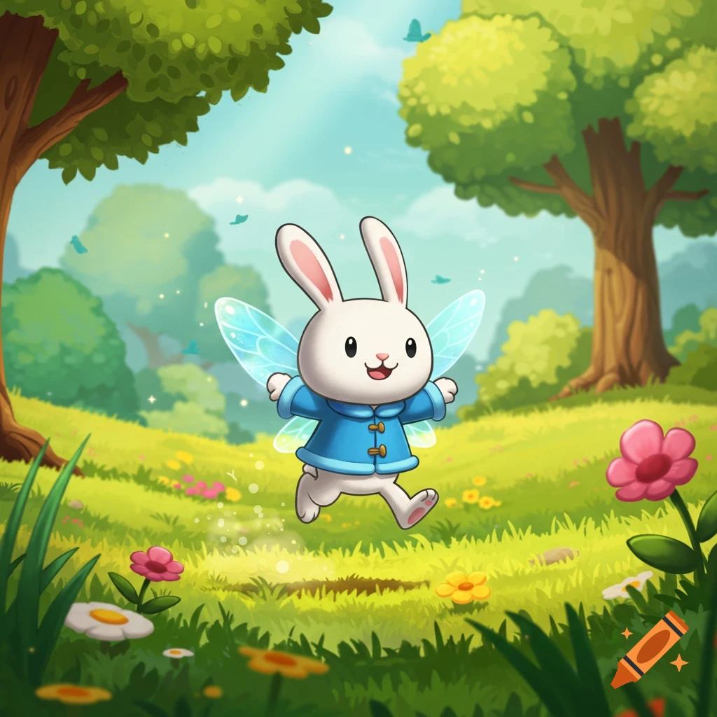A whimsical cartoon white bunny with blue fairy wings and a blue coat floats in a sunny green meadow.
