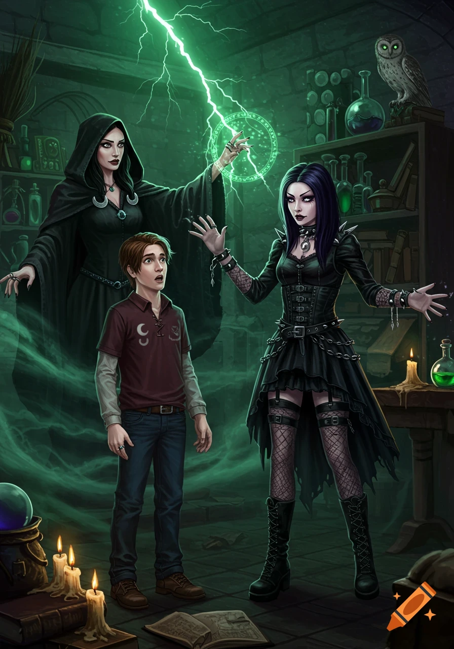 Two witches with dark cloaks and gothic attire performing a magical transformation on a startled boy in a dimly lit, mystical room. Green lightning and smoke emanate from their hands.