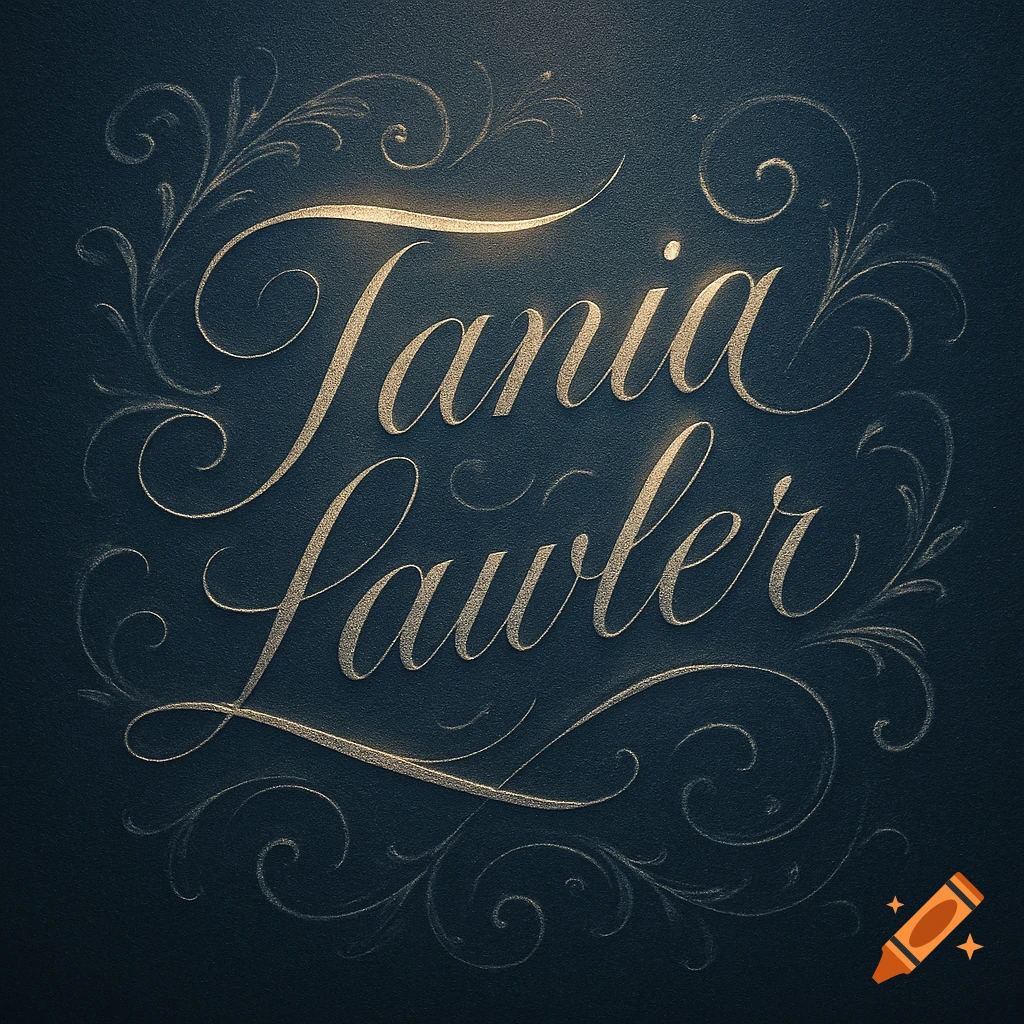 Elegant gold script spelling 'Tania Lawler' with flourishes on a dark textured background.