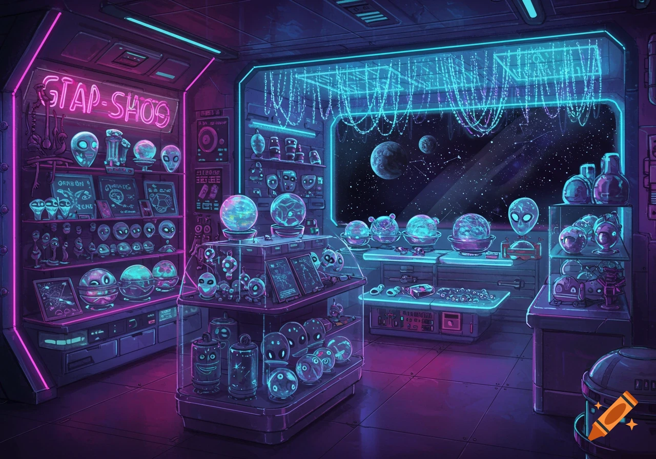 A vibrant neon-lit sci-fi gift shop in an alien spacecraft, displaying shelves of alien heads, glowing orbs, and various futuristic gadgets with a view of planets and stars through a large window.