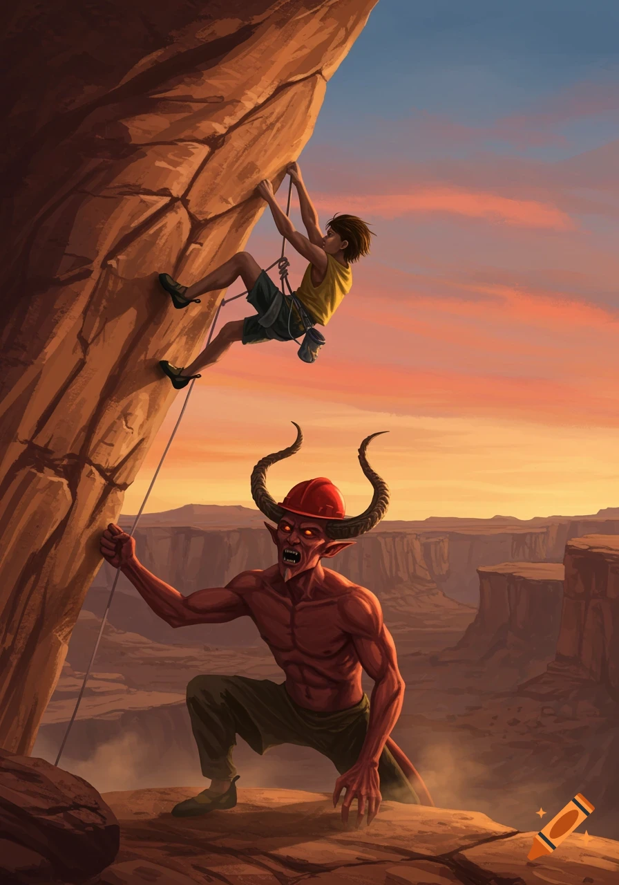 A young man rock climbing a cliff face, with a red demon in a hard hat watching from the ground in a desert canyon at sunset.