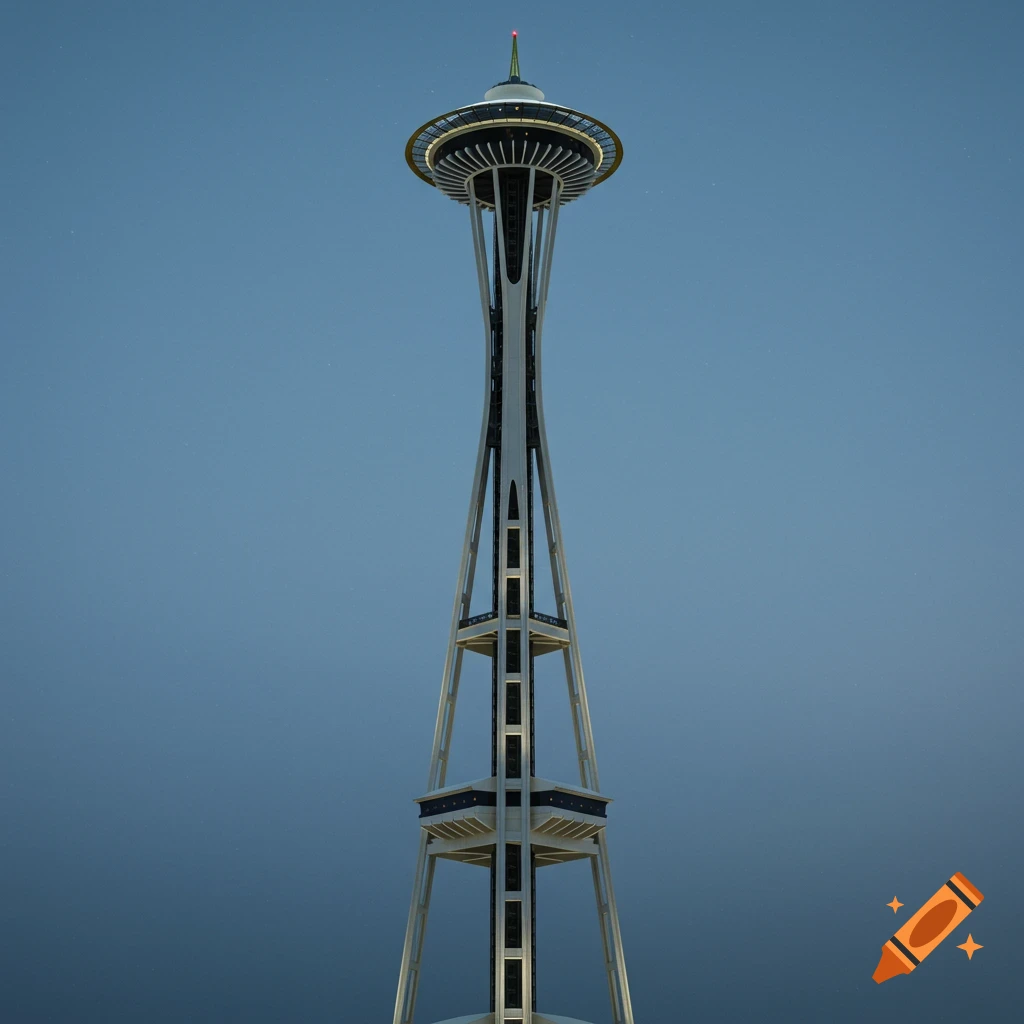 A photorealistic rendering of the Seattle Space Needle against a clear blue sky.
