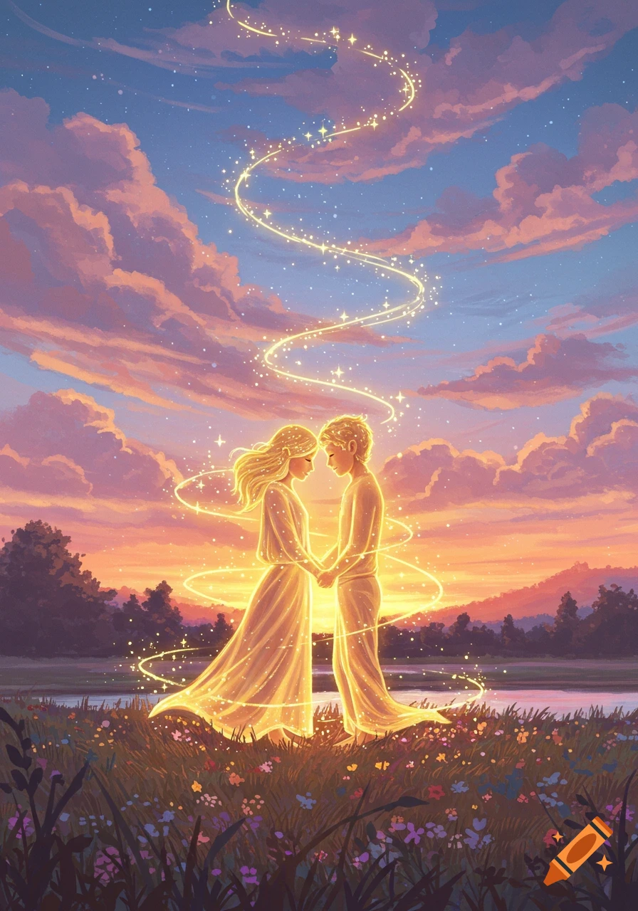 Two glowing figures hold hands in a field of flowers under a magical sunset sky, connected by sparkling light.