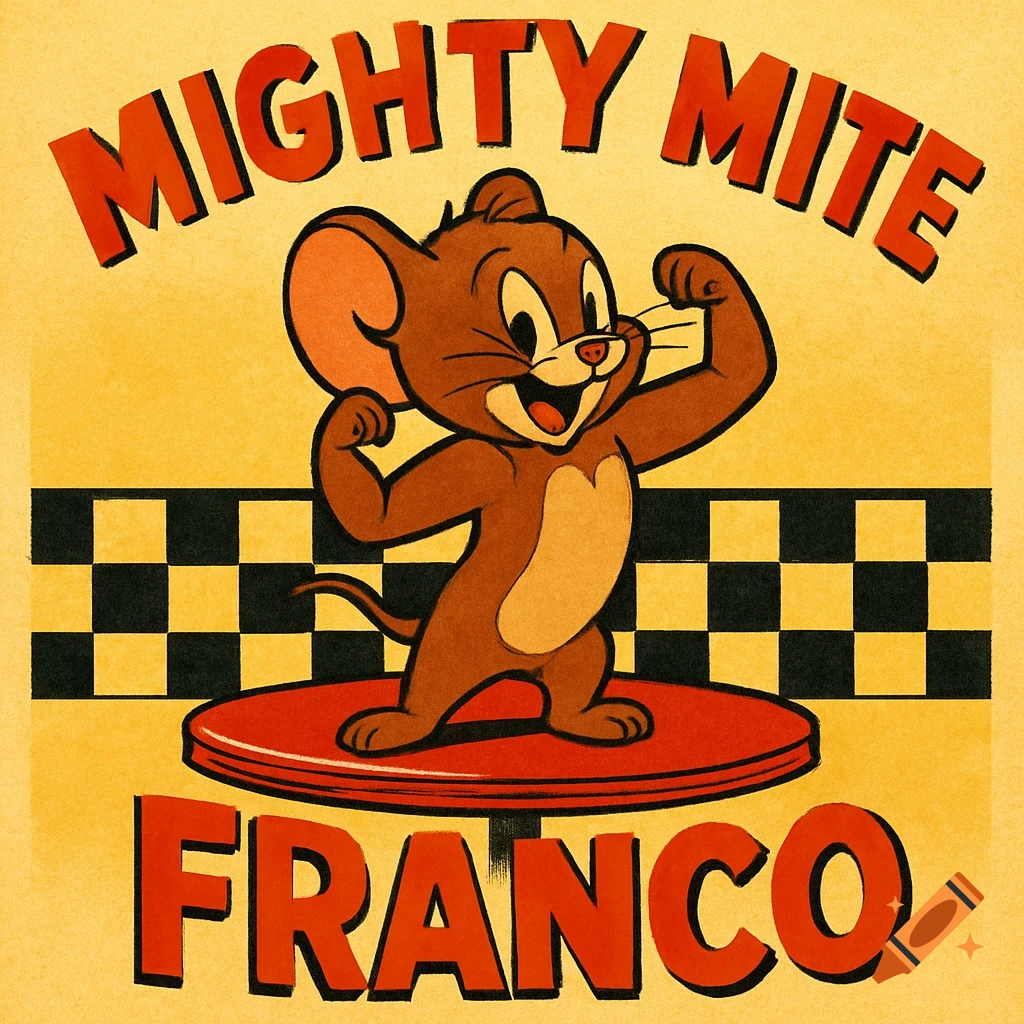 A retro-style logo featuring Jerry the mouse from Tom and Jerry flexing, with the words "MIGHTY MITE" above him and "FRANCO" below, set against a yellow and black checkered background.