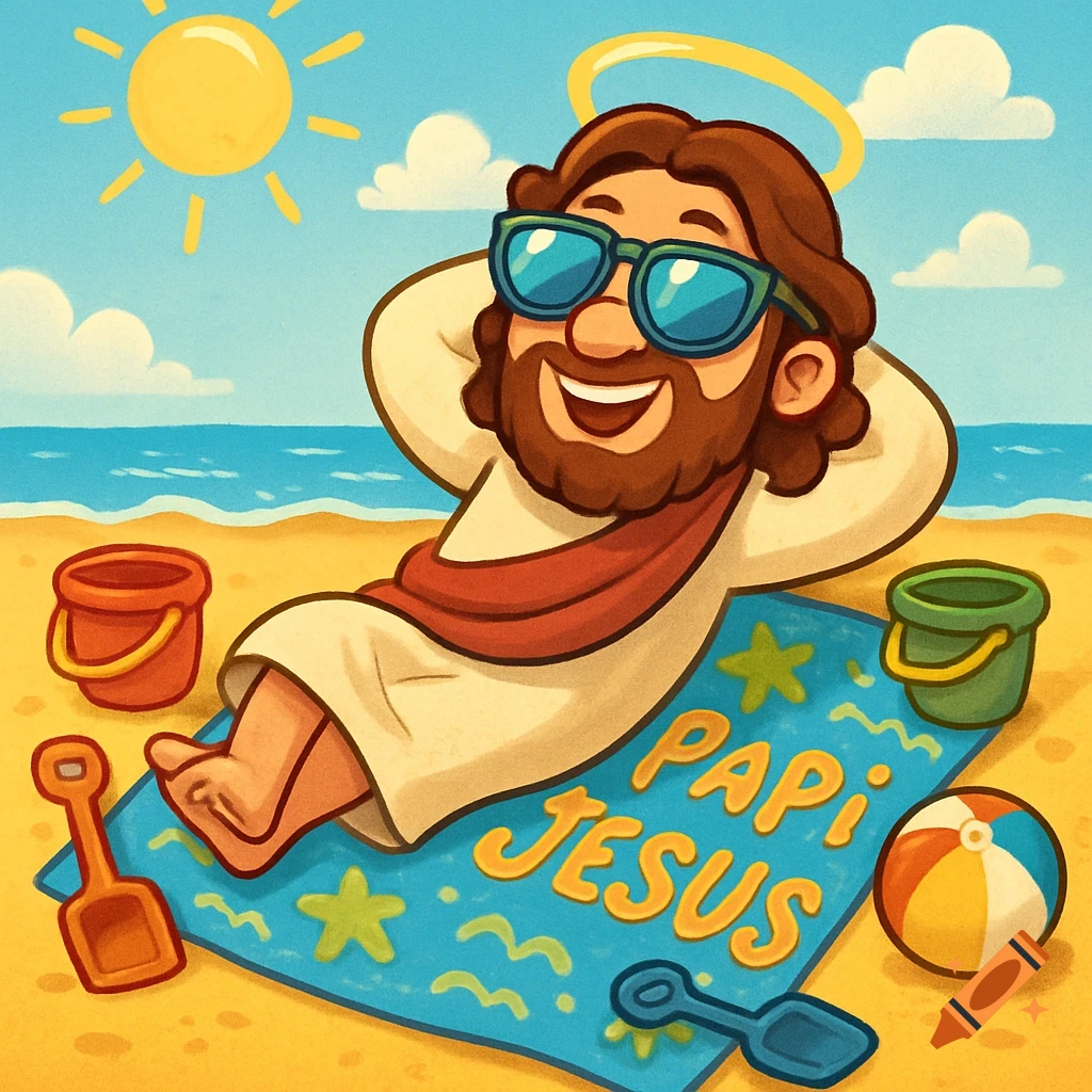 A cartoon illustration of Jesus wearing sunglasses, relaxing on a beach towel with 'Papi Jesus' written on it, under a sunny sky by the ocean.