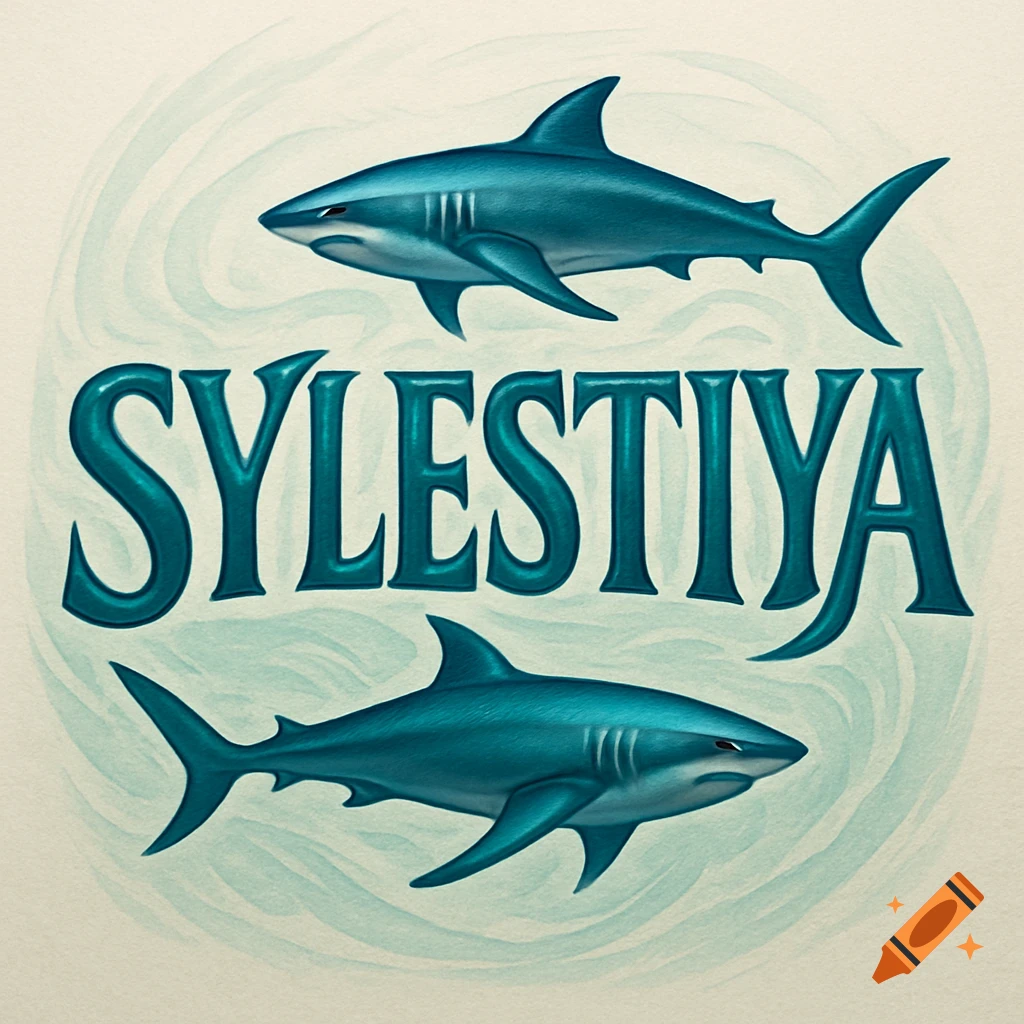 A blue ocean-themed logo with the word 'SYLESTIYA' in stylized text between two blue sharks on a light background.