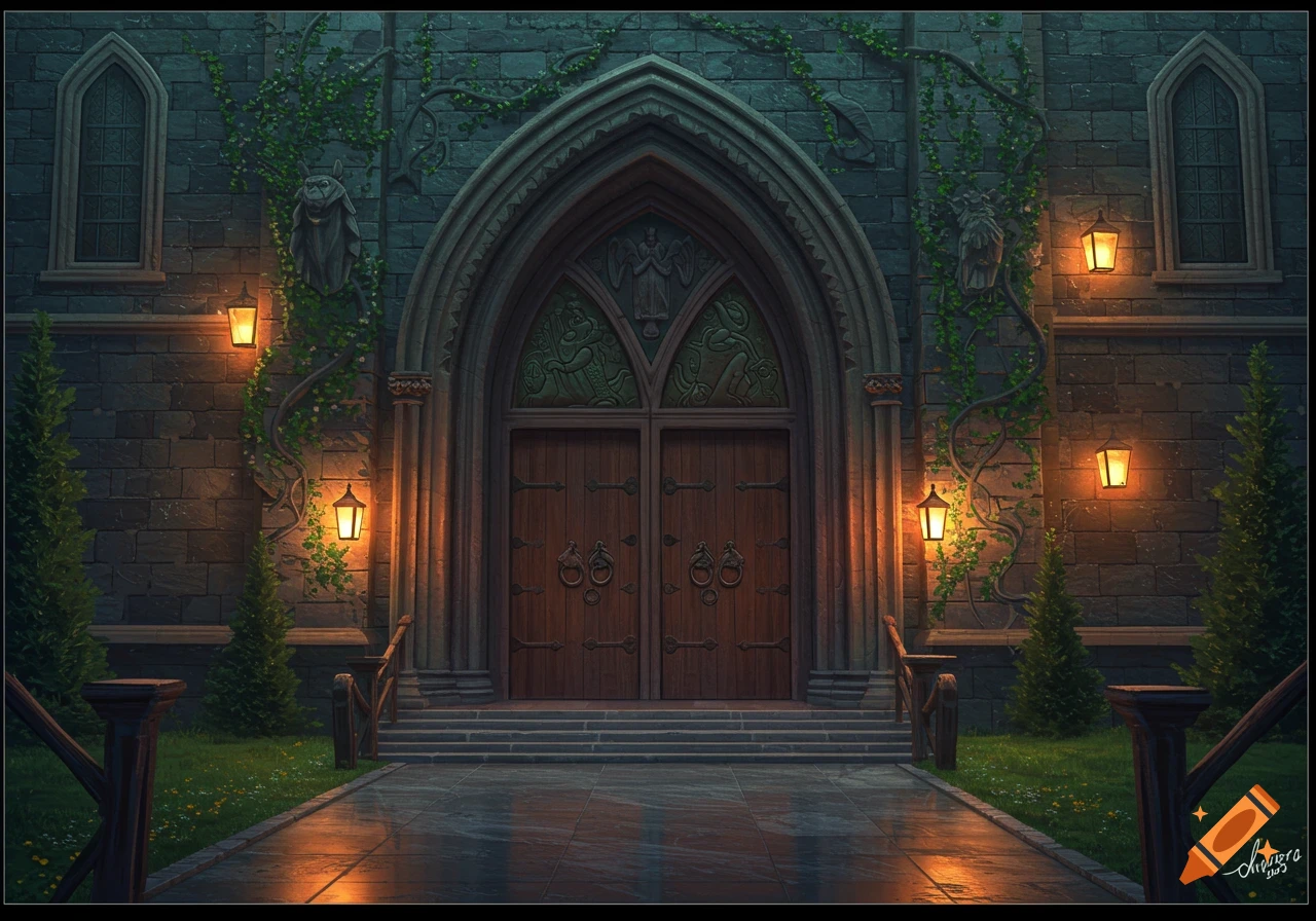 A dark Gothic stone building entrance with an arched wooden door, illuminated by glowing lanterns, with ivy creeping up the walls at night.