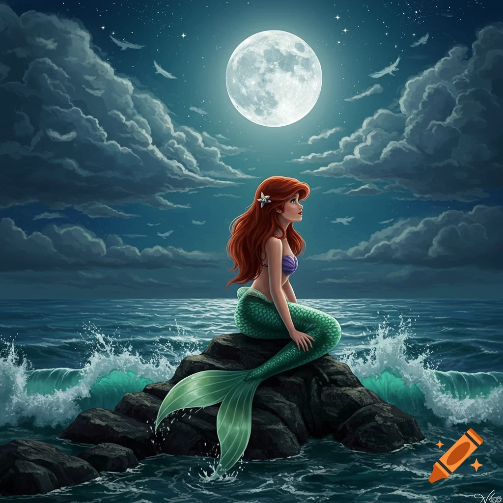 An illustration of a red-haired mermaid sitting on a rock in the ocean under a full moon at night.