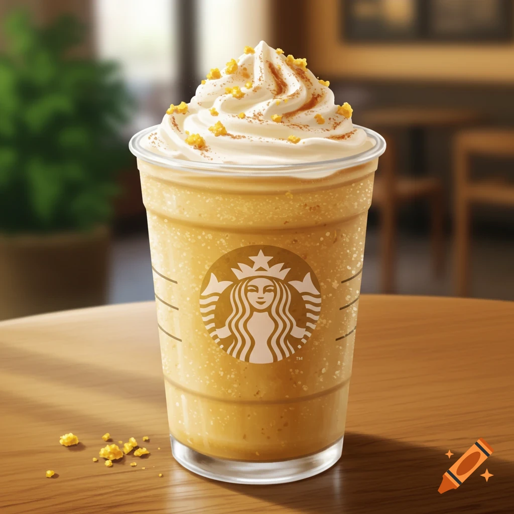 A close-up, photorealistic image of a Starbucks "Cornbread Frappe" on a wooden table, topped with whipped cream and yellow sprinkles, with a blurred coffee shop background.
