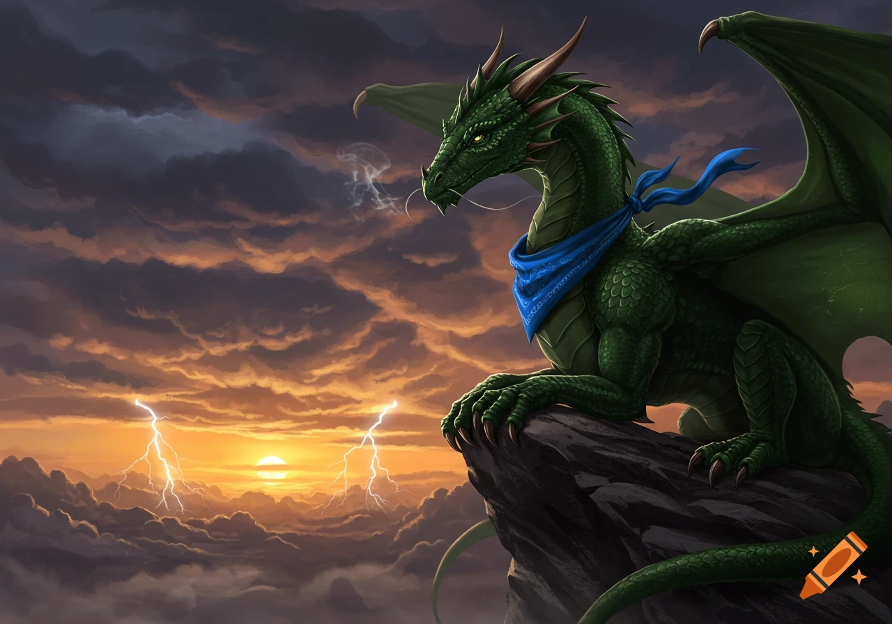 A dark green dragon with a blue bandana sits on a cliff, overlooking a stormy sunset with lightning.