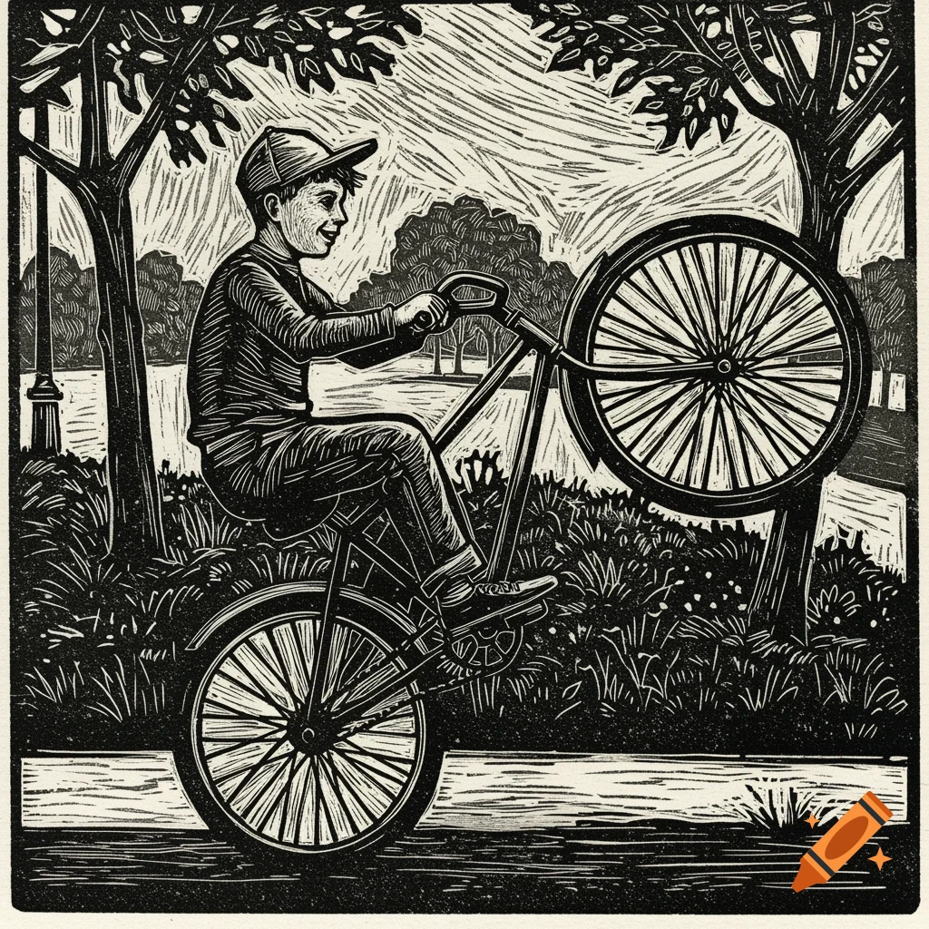 A boy on a bicycle pulls a wheelie on a path in a park, rendered in a linocut style.