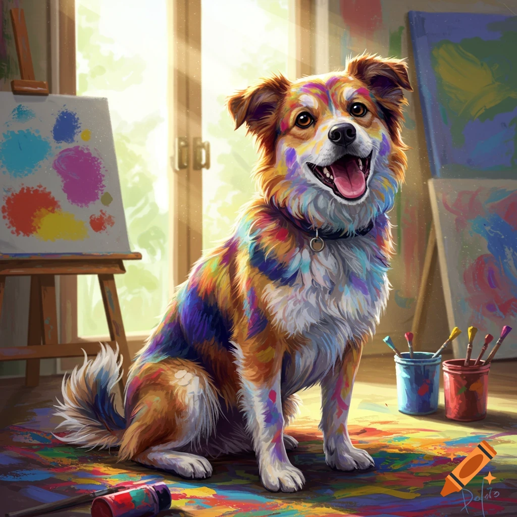 A happy dog, covered in vibrant paint splatters, sits on a paint-splattered floor in an art studio.