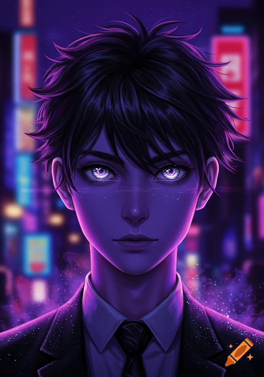 An anime boy with spiky black hair and glowing purple eyes wears a suit against a blurred neon city background.