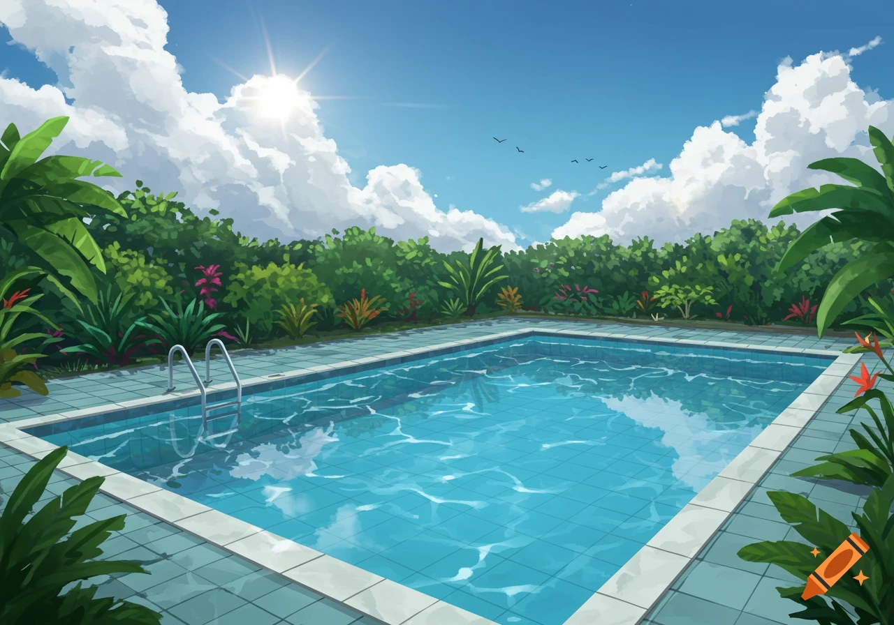 An anime-style illustration of an outdoor swimming pool on a sunny day, surrounded by lush green plants under a blue sky with clouds.