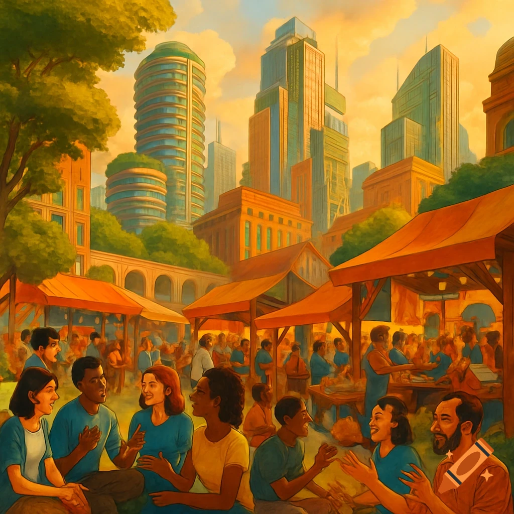 A vibrant, painterly illustration of a bustling outdoor market with people gathered under tents, set against a backdrop of modern city buildings at sunset.