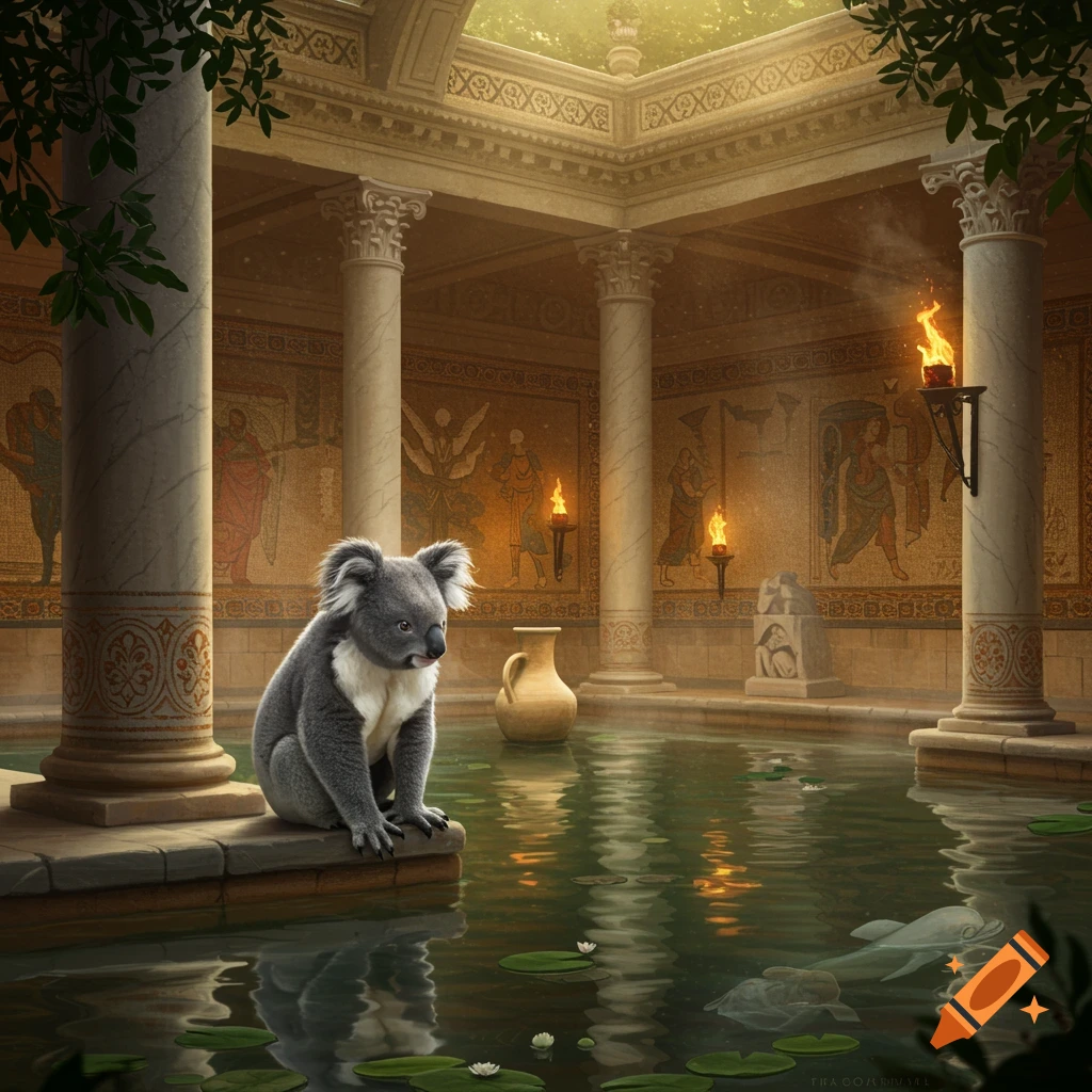 A photorealistic koala sits on the edge of a pool in a grand Roman bathhouse with mosaic walls and torches.