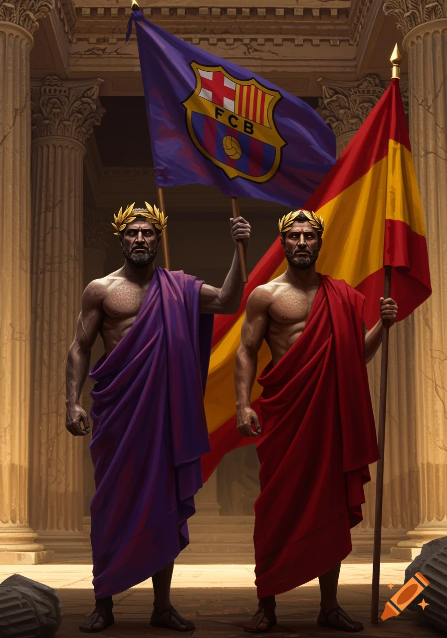 Two men in Roman togas and laurel crowns stand before a temple, holding FC Barcelona and Spanish flags. Digital painting.