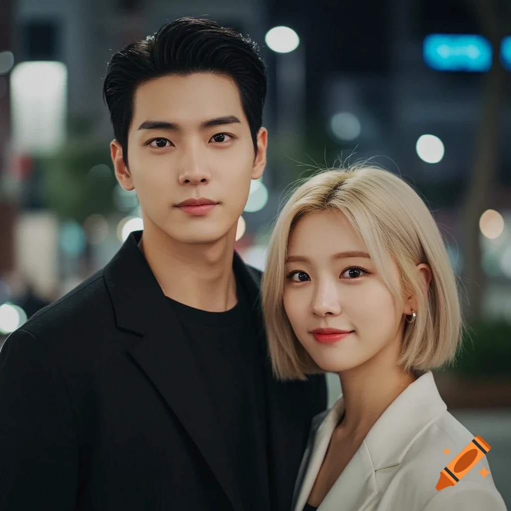 A photorealistic portrait of a handsome Korean man with black hair and a beautiful Korean woman with short blonde hair, standing close together against a blurred city background.