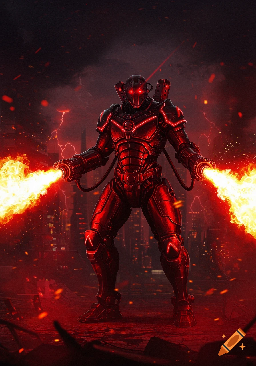 A red and black neon war machine robot, glowing with red light, stands in a dark, fiery city landscape, shooting flames from both hands.