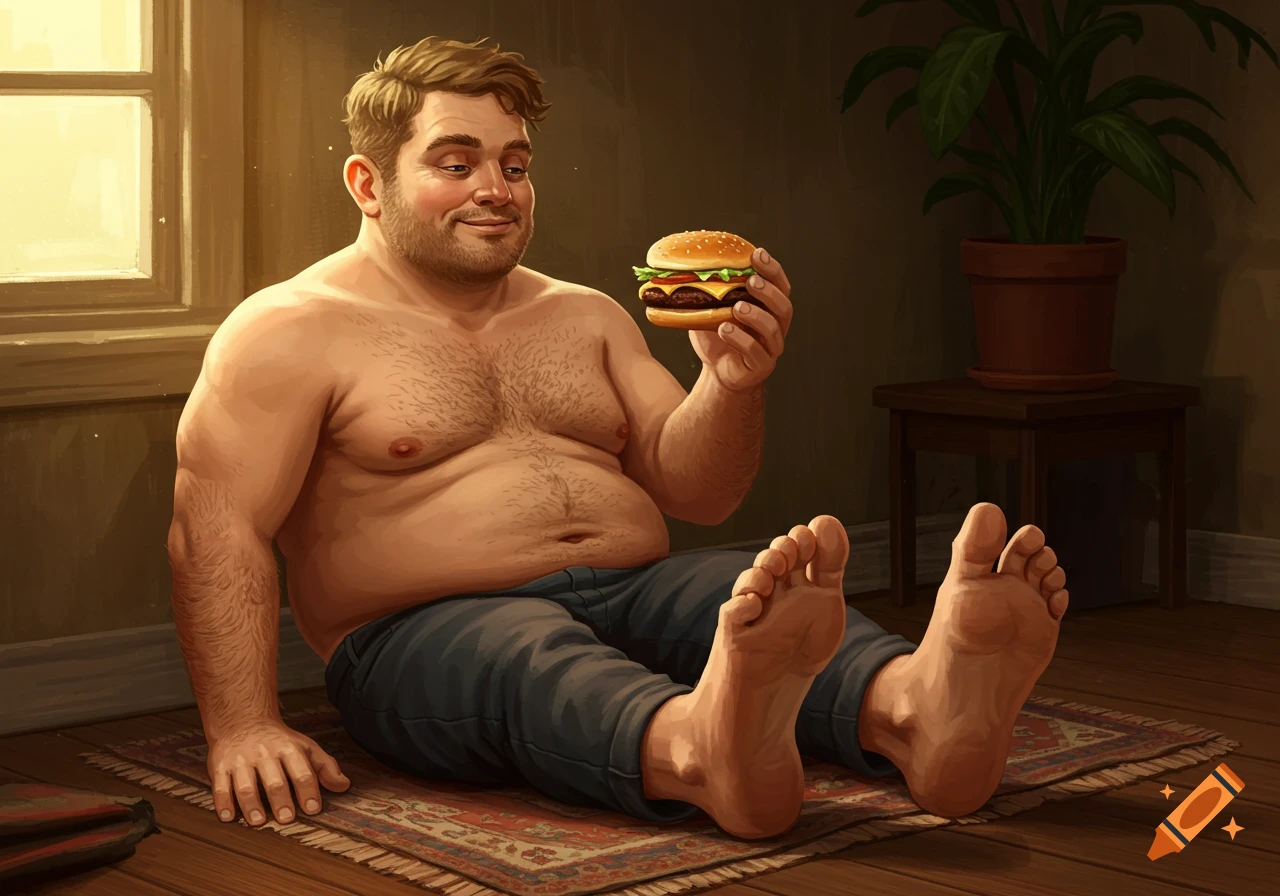 A cartoon man with a beard and hairy chest, sitting on a rug, happily holding a hamburger. He is shirtless and wearing blue pants.