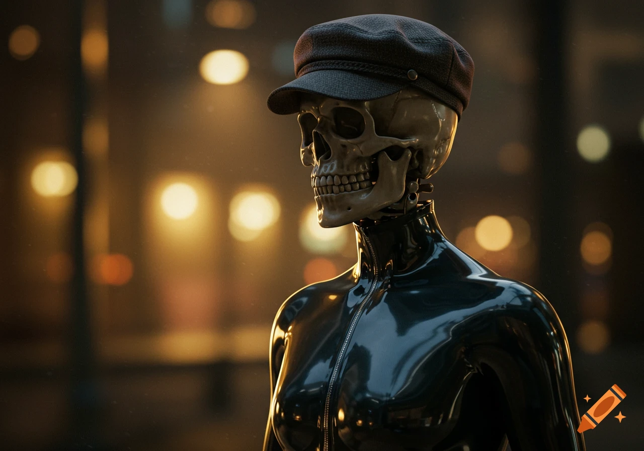 A close-up, photorealistic image of a skeleton wearing a dark newsboy cap and a shiny black latex bodysuit, set against a blurry background of warm lights.