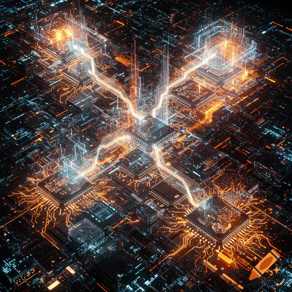 Detailed overhead view of a glowing, intricate circuit board with interconnected components and energy flow, in a technical abstract style.