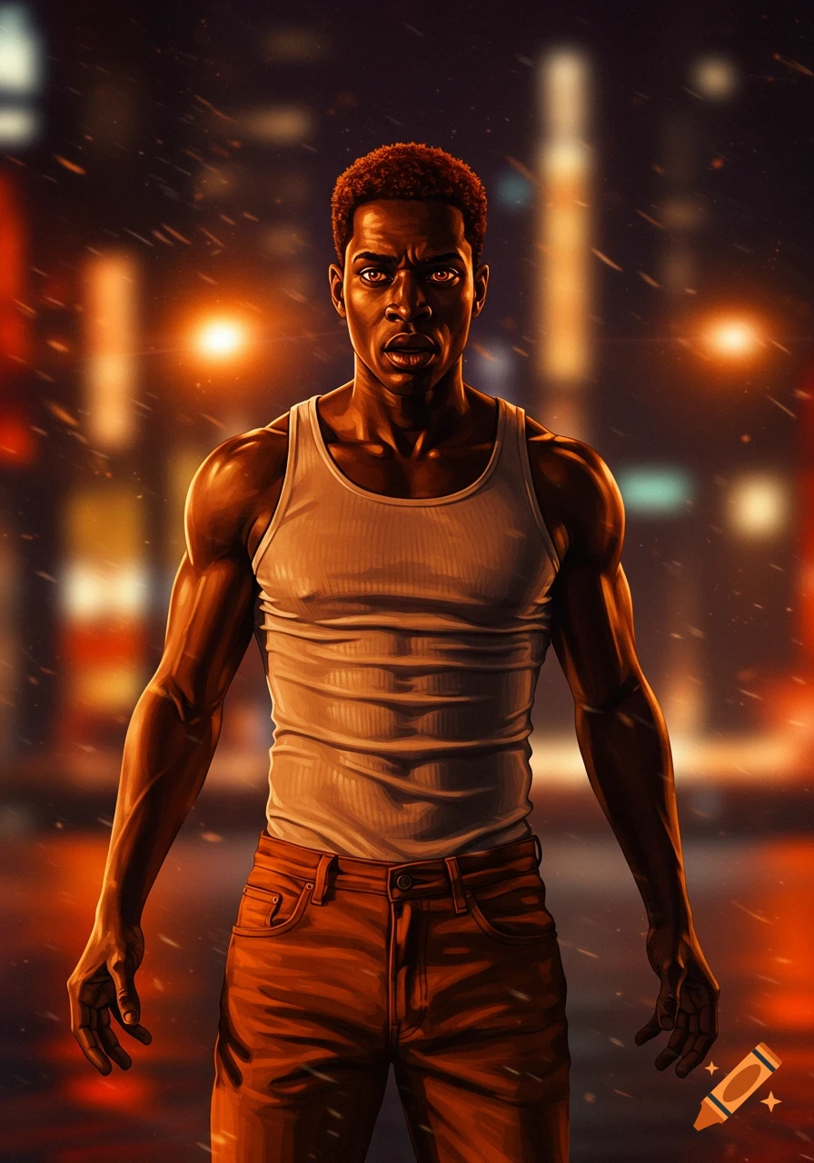 A determined dark-skinned man with copper hair and glowing orange eyes in a white tank top and orange jeans, standing in a rainy city street.