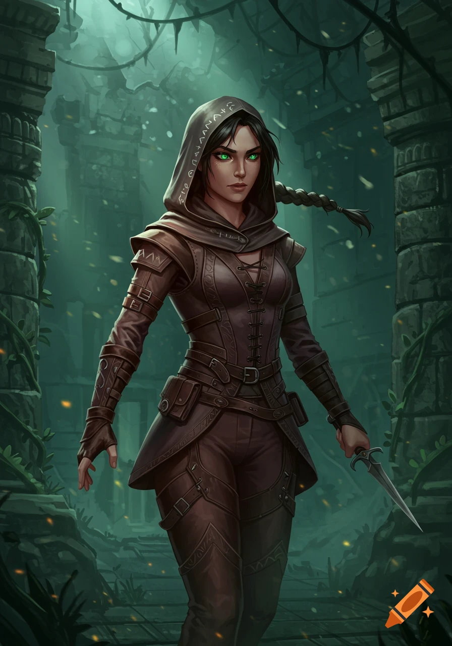 A fantasy character, a female rogue in a hooded outfit with glowing green eyes, stands in ancient ruins holding a dagger.