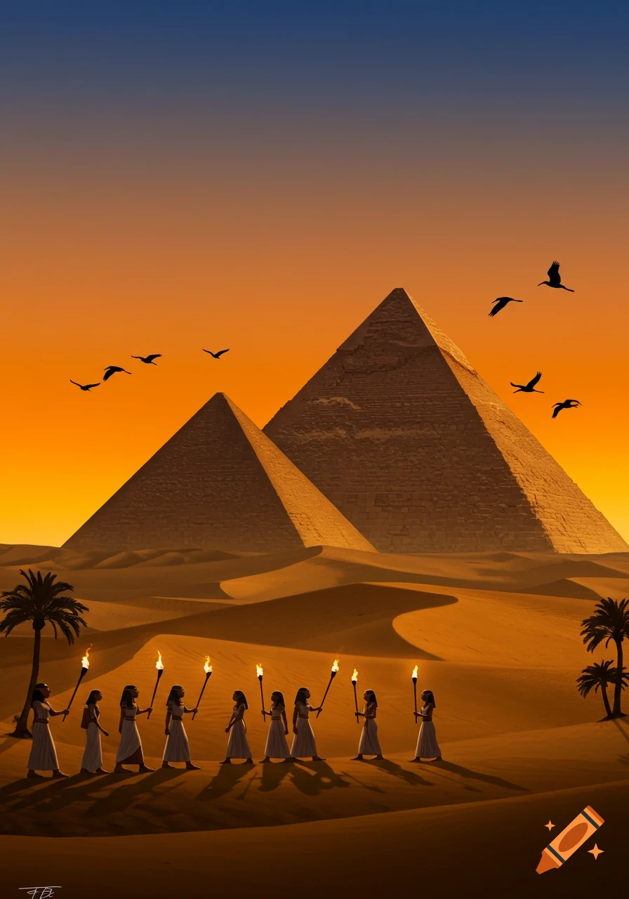 A line of figures with torches walk across a desert dune towards two large pyramids under a vibrant sunset sky with birds.